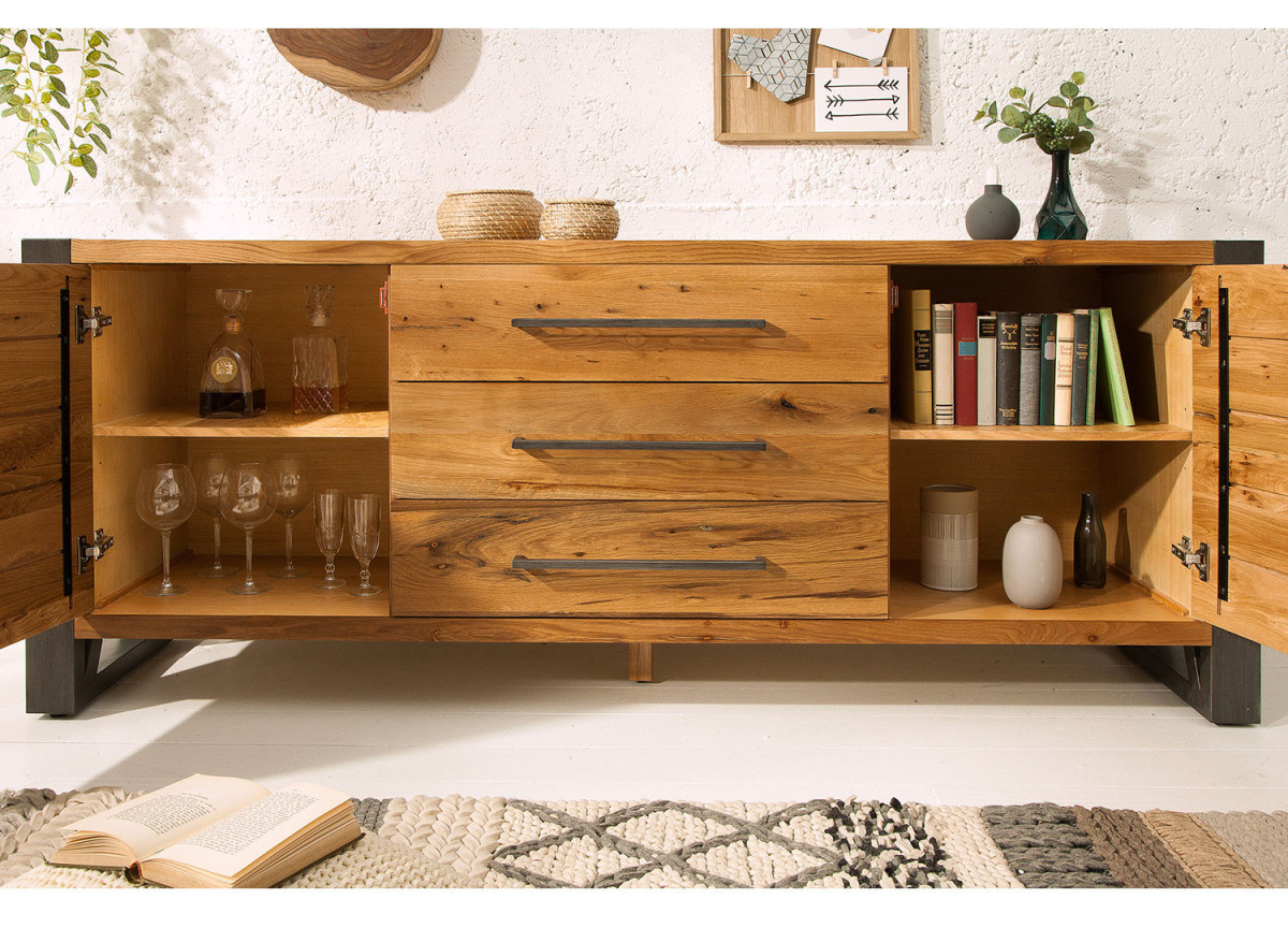 Meuble buffet bois et métal look industriel 2 portes et 3 tiroirs