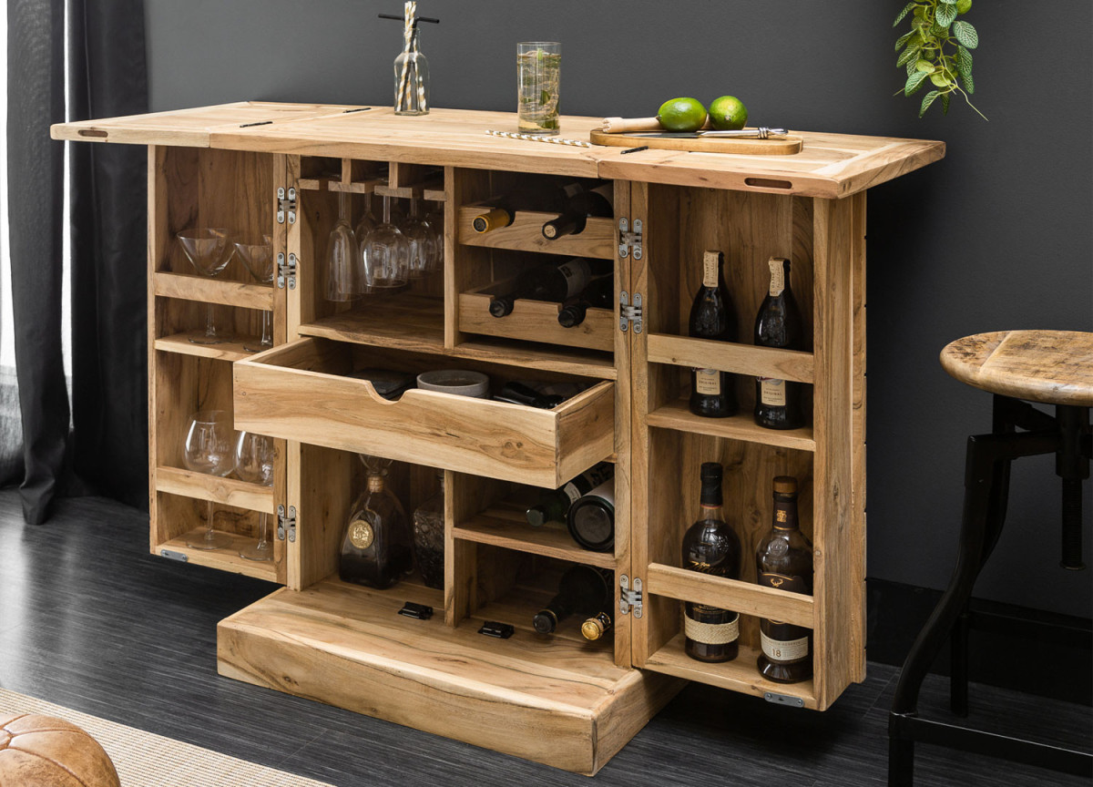 Meuble bar comptoir en bois d'acacia naturel