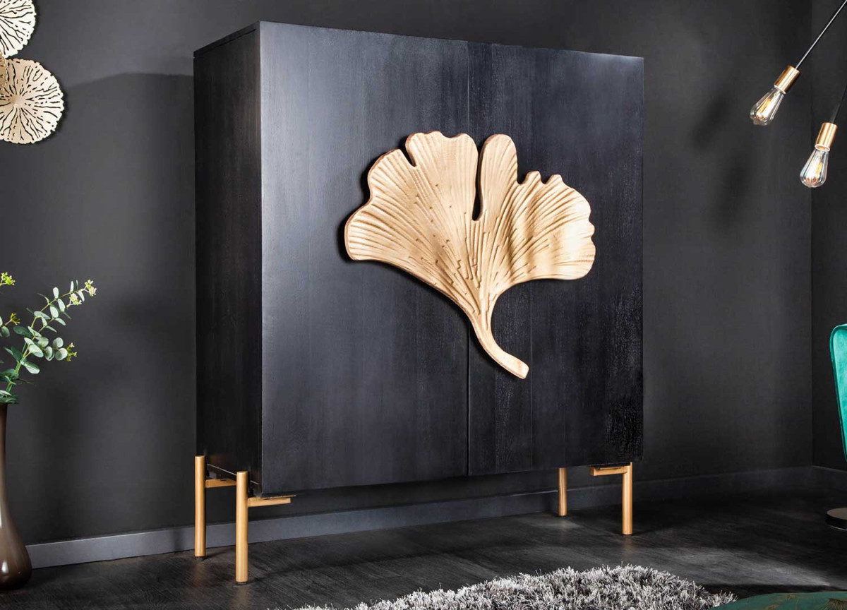 Buffet haut bois de manguier noir et doré