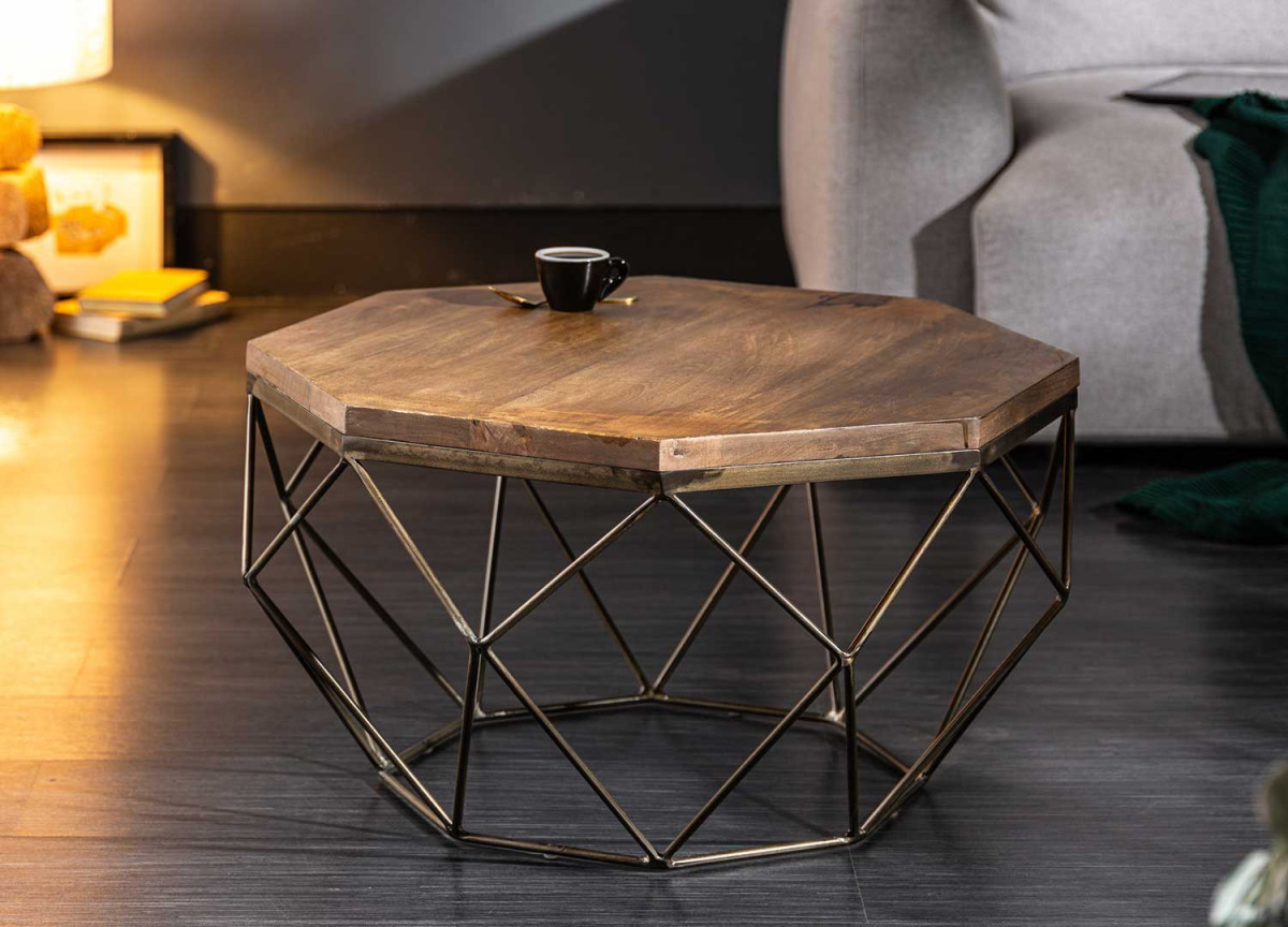 Table basse forme diamant 70 cm bois et métal