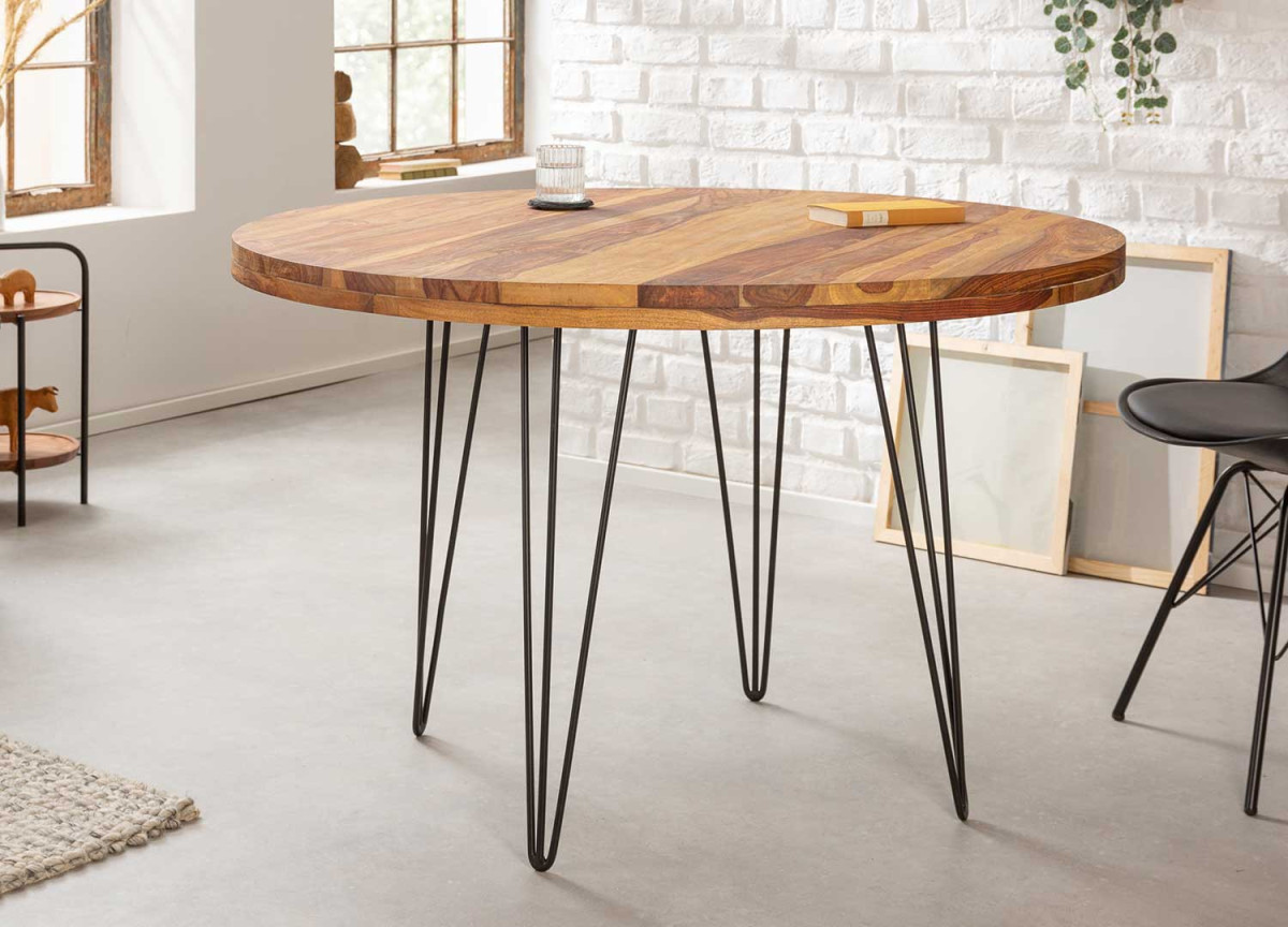 Table ronde bois exotique et métal