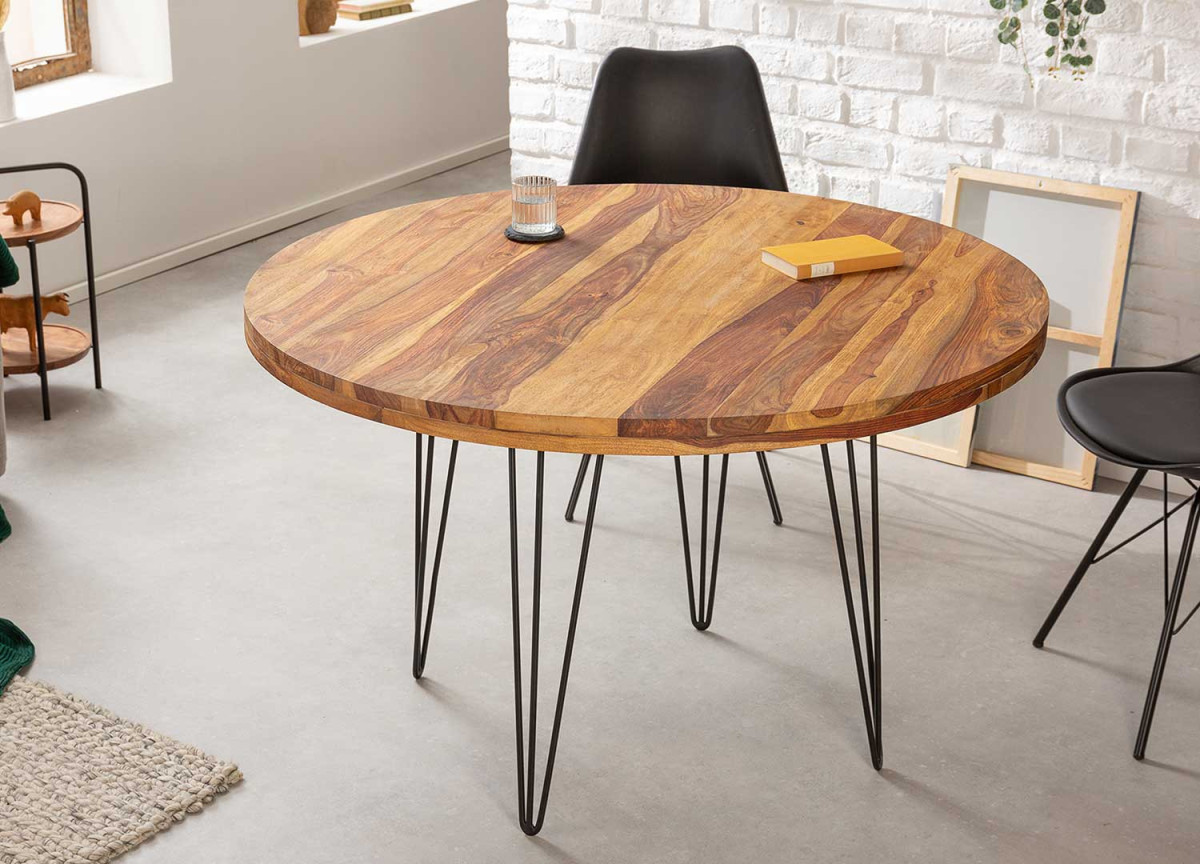 Table ronde 120 cm bois exotique et métal