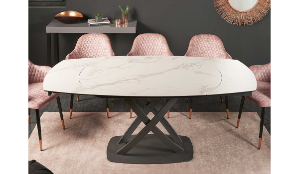 Table céramique ovale extensible aspect marbre blanc