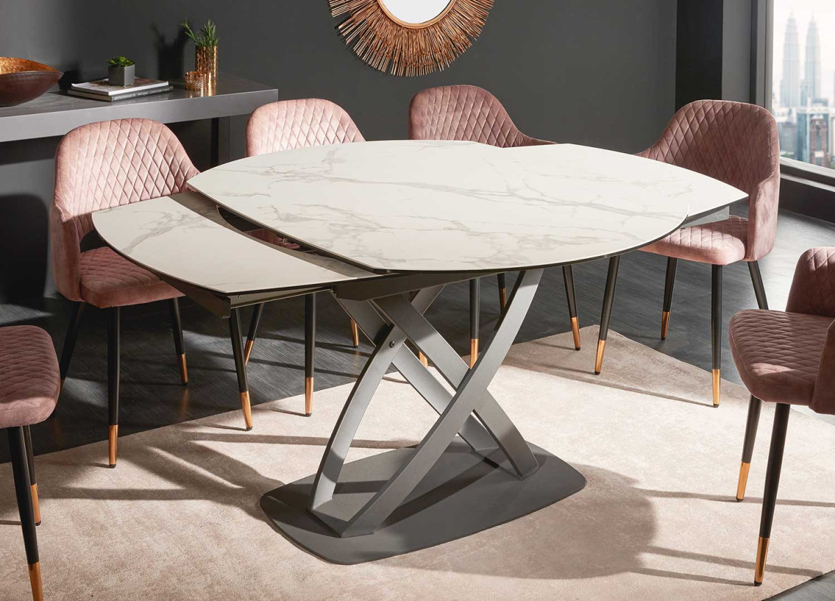 Table céramique ovale extensible aspect marbre blanc
