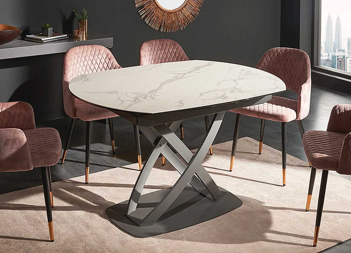 Table céramique ovale extensible aspect marbre blanc