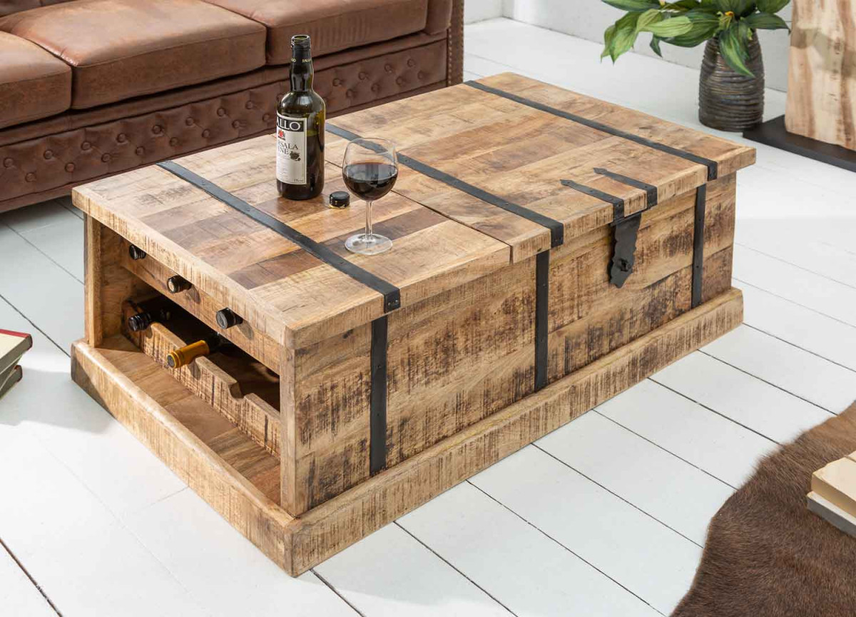 Table basse coffre range bouteille bois massif