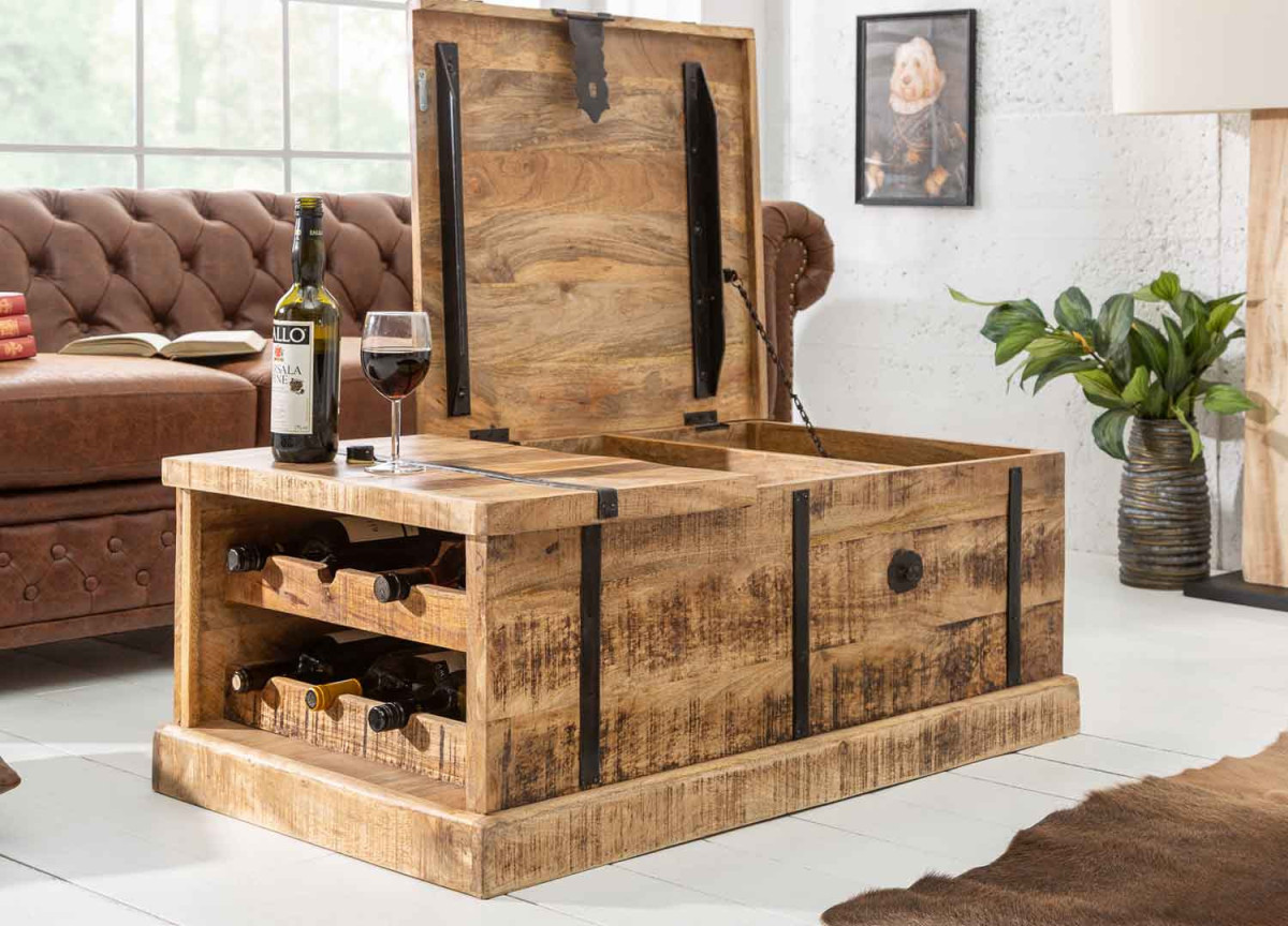 Table basse coffre range bouteille en bois