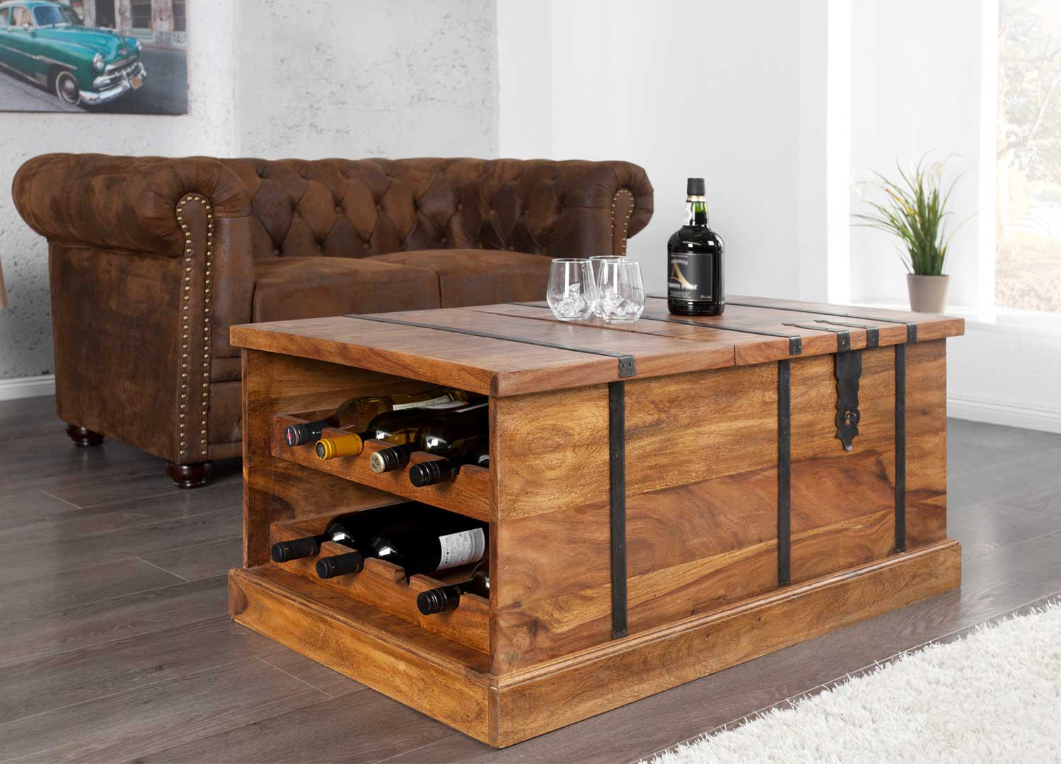 Table basse coffre bar à vin en bois massif
