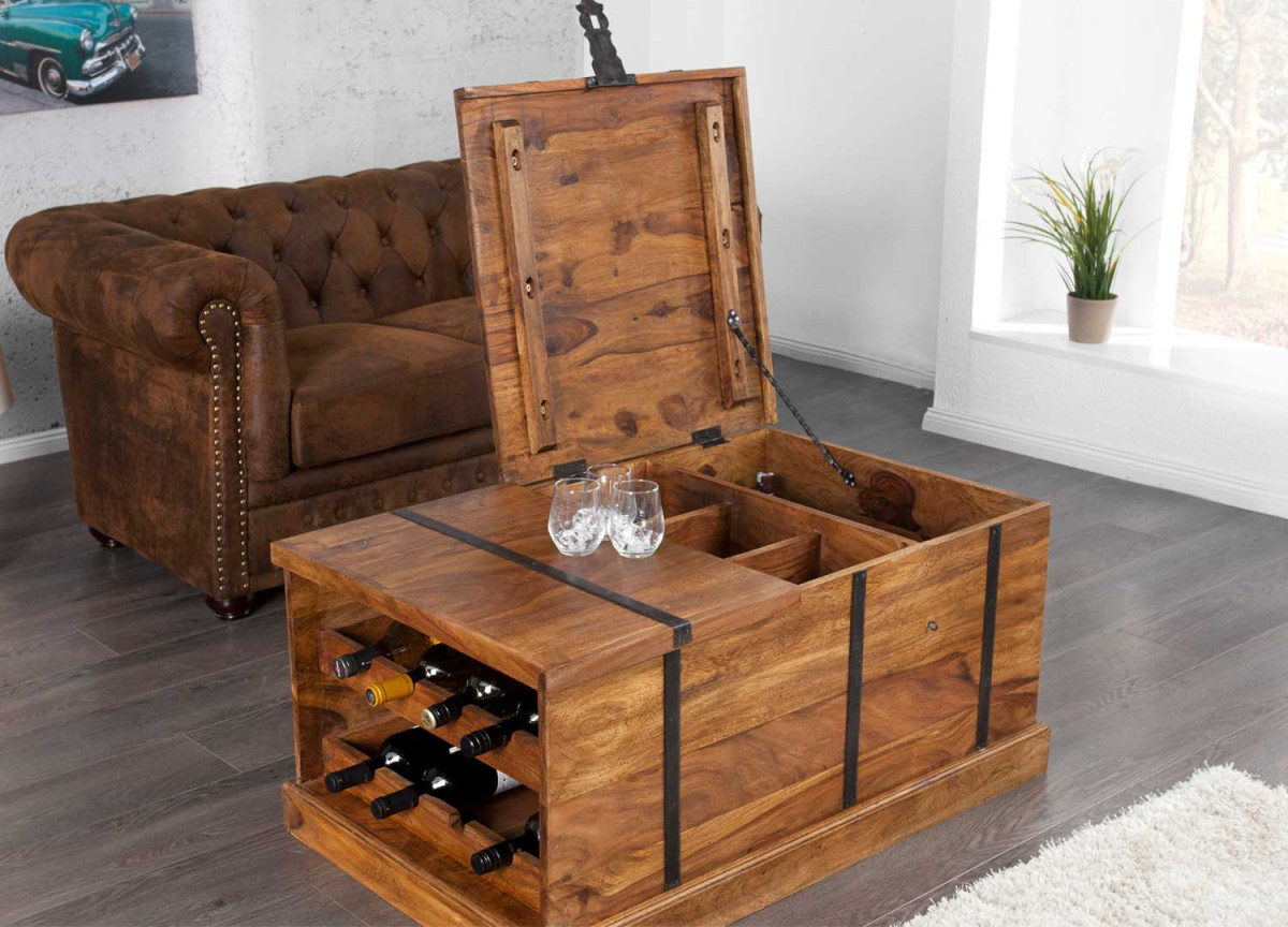 Table basse coffre bar range bouteilles en bois