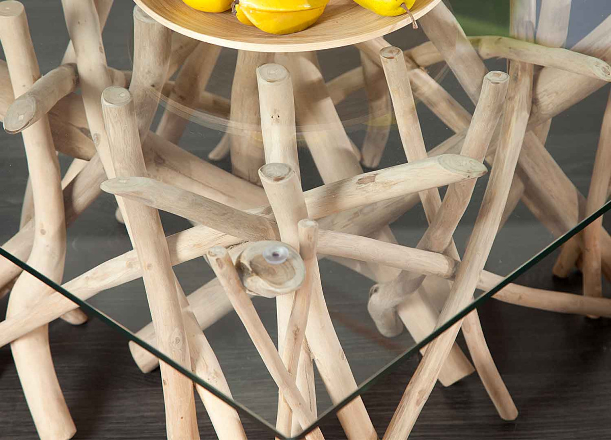 Table Basse en Verre Piétement en Bois de Teck Flotté