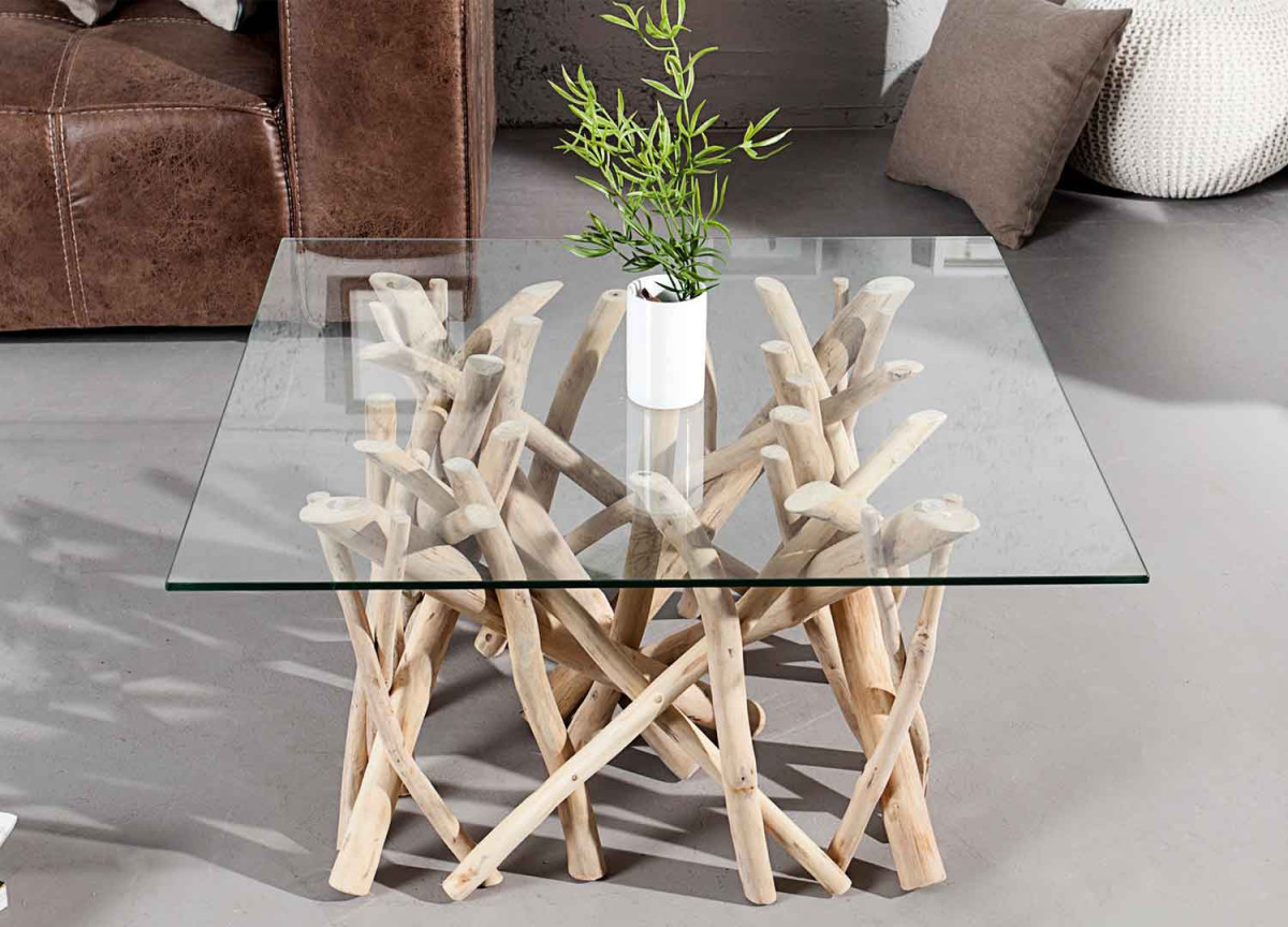 Table basse en verre piétement en bois flotté