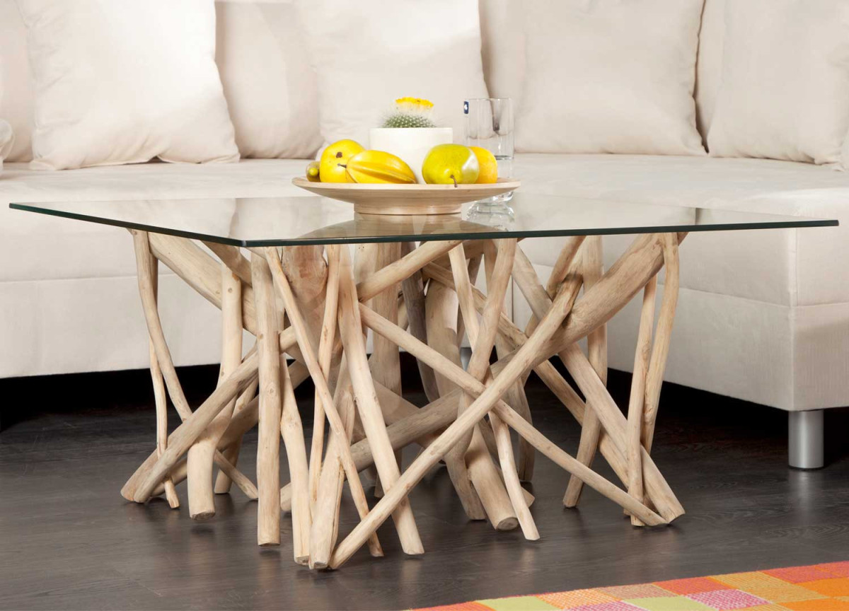 Table basse en verre carrée piétement en bois flotté