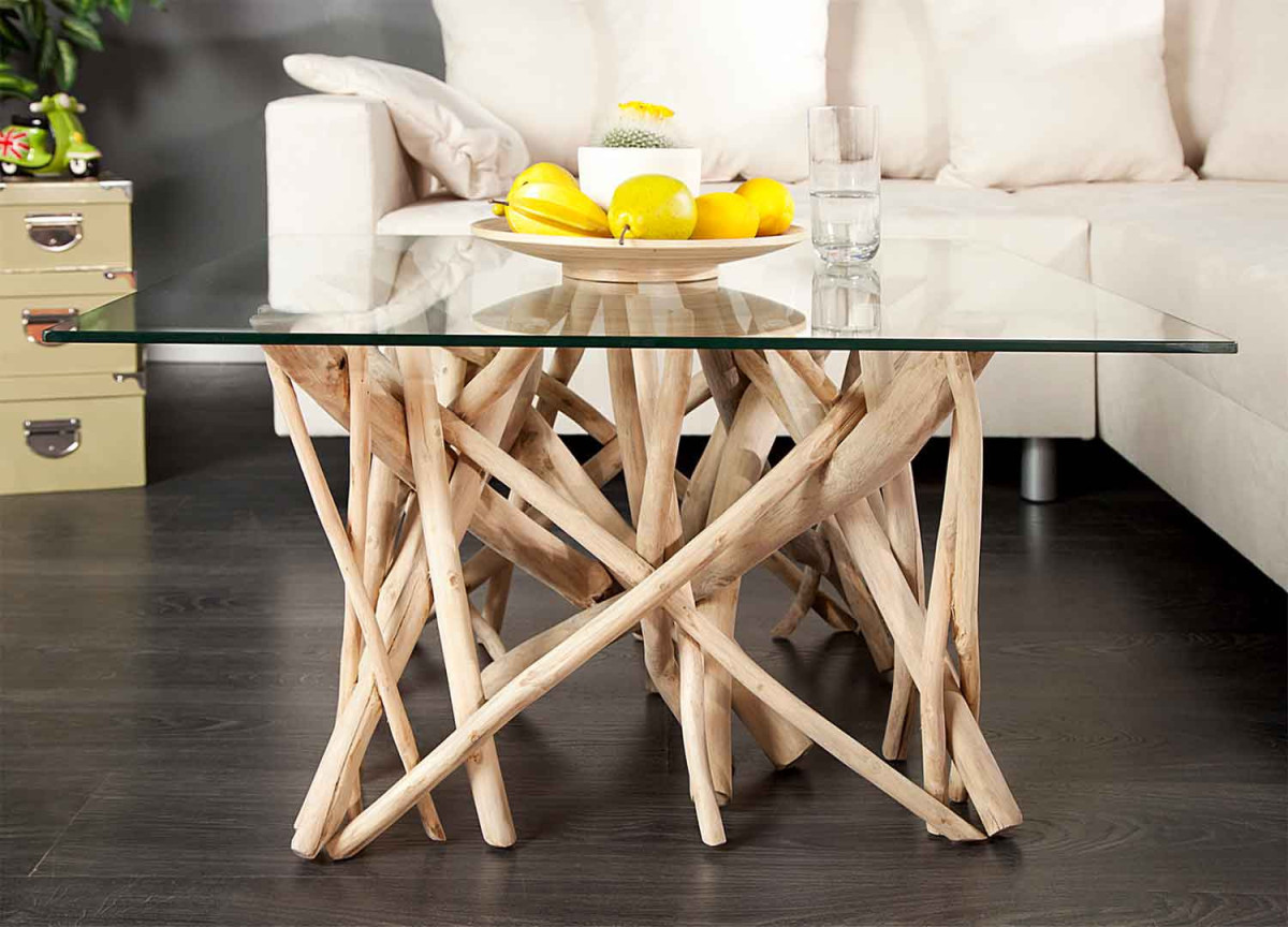 Table basse en verre piétement en bois flotté