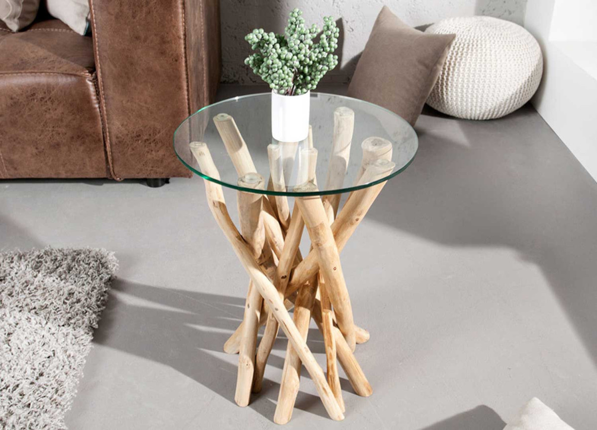 Guéridon en verre rond, piétement en bois flotté