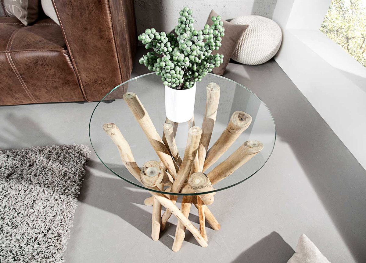 Guéridon en verre, piétement en bois flotté teck
