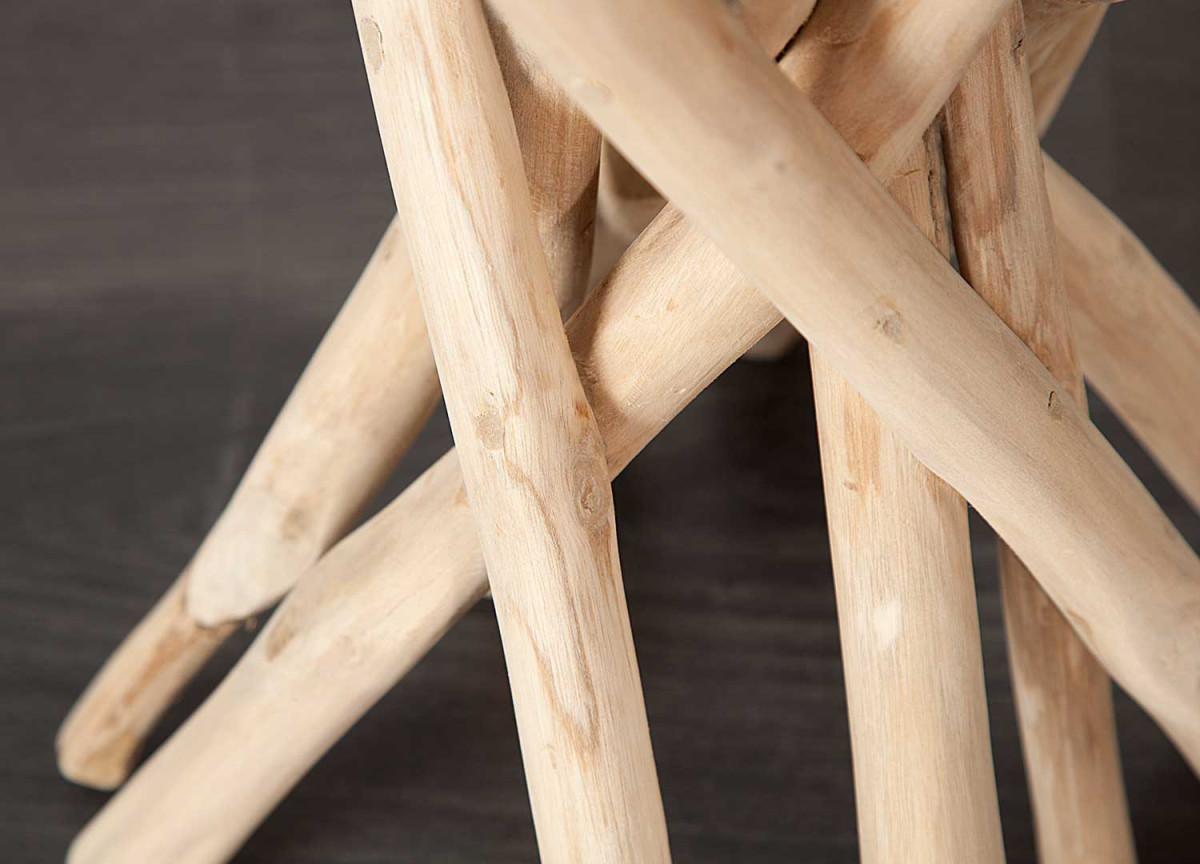 Guéridon en Verre Rond Piétement en bois de Teck Flotté
