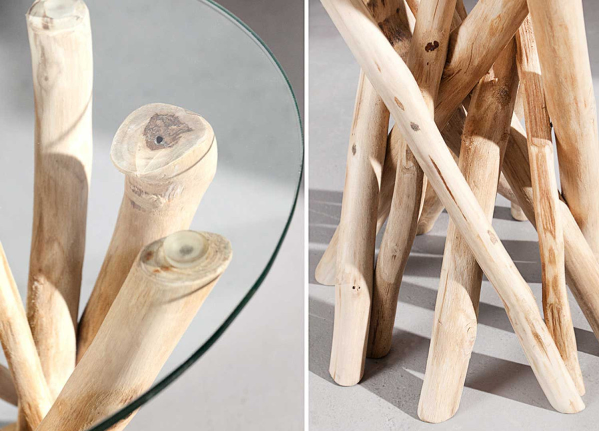 Guéridon en Verre Rond Piétement en bois de Teck Flotté