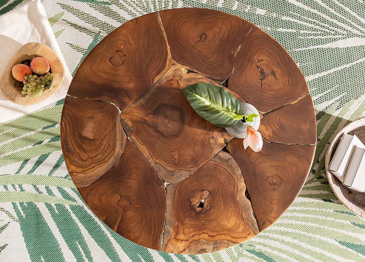 Table basse ronde en bois de teck massif et métal