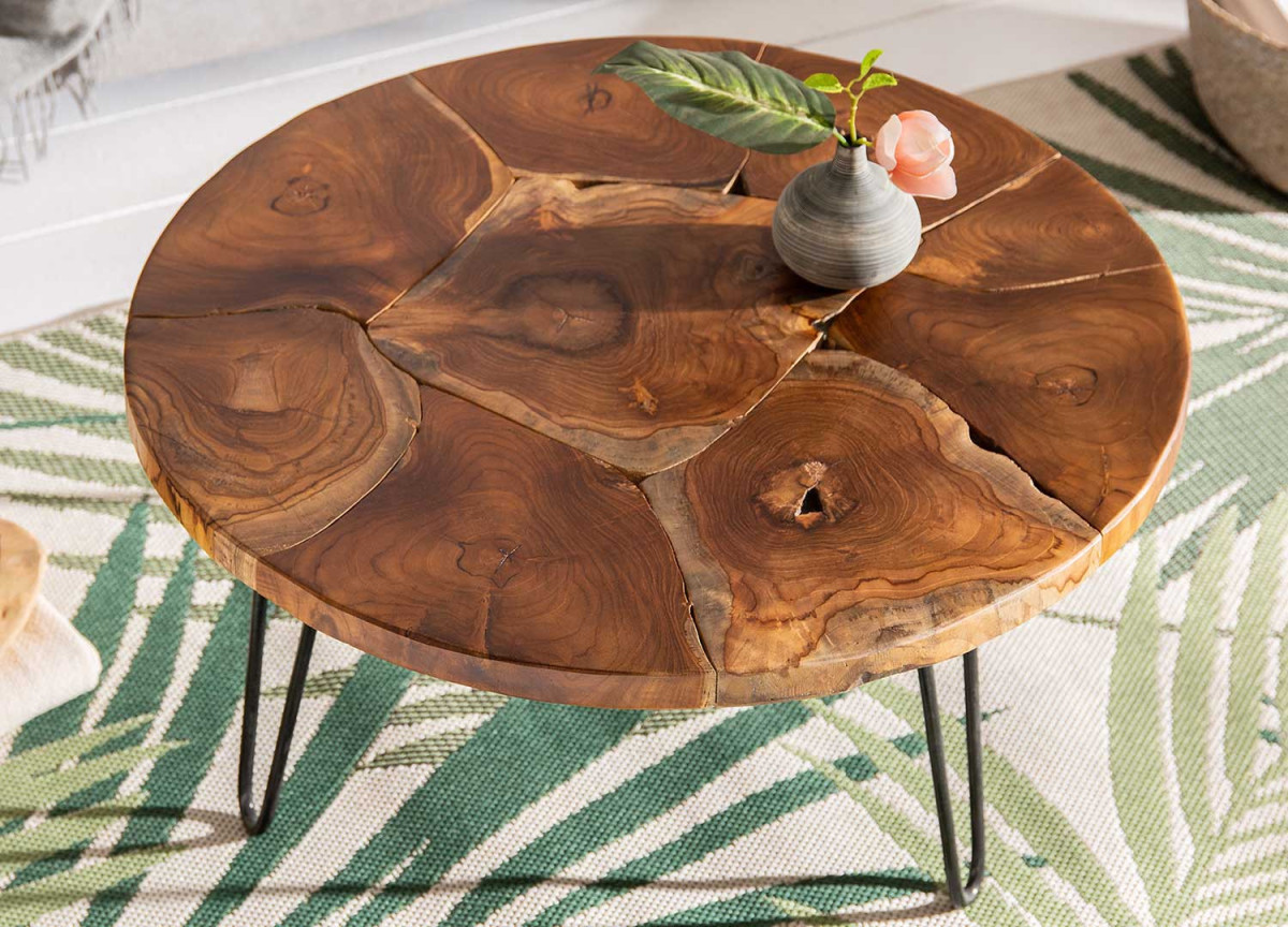 Table basse ronde en bois de teck et métal