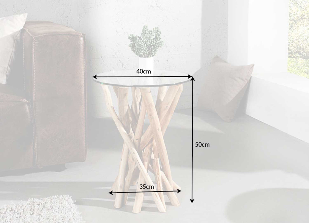Guéridon en verre piétement en bois flotté