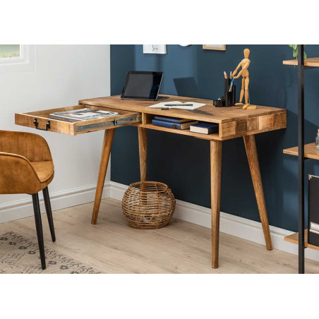Console bureau bois de manguier massif 1 tiroir