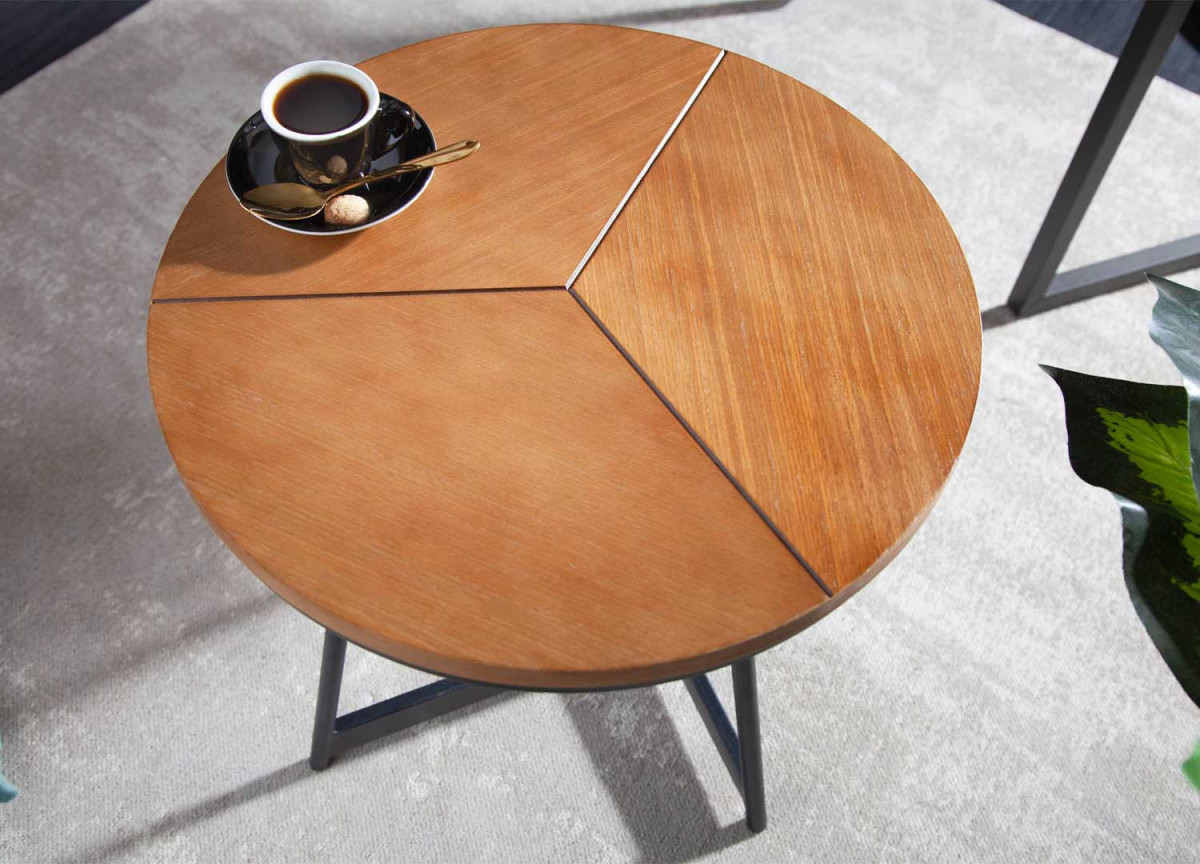 Table d'appoint ronde moderne chêne naturel et métal noir