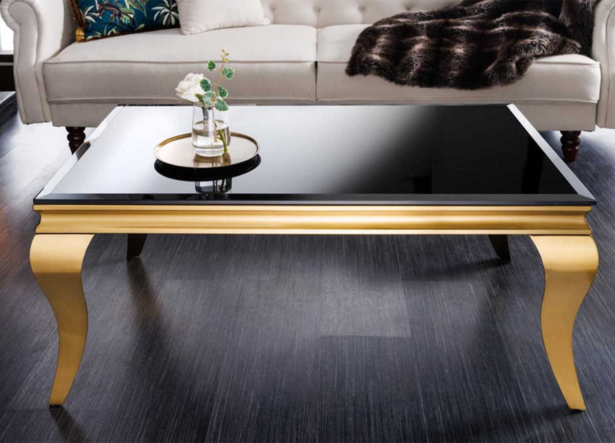 Table basse baroque rectangulaire verre noir et métal doré 100 cm