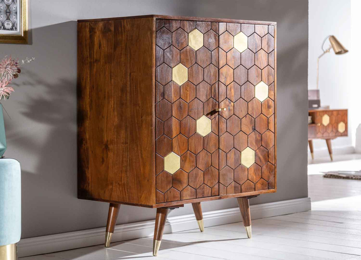 Meuble commode bar en bois massif avec déco doré