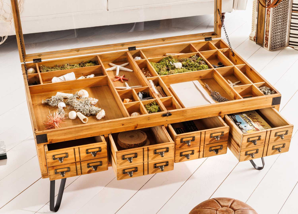 Table basse avec compartiment déco et tiroirs