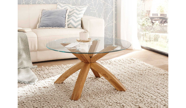 Table basse ronde bois et verre 80 cm