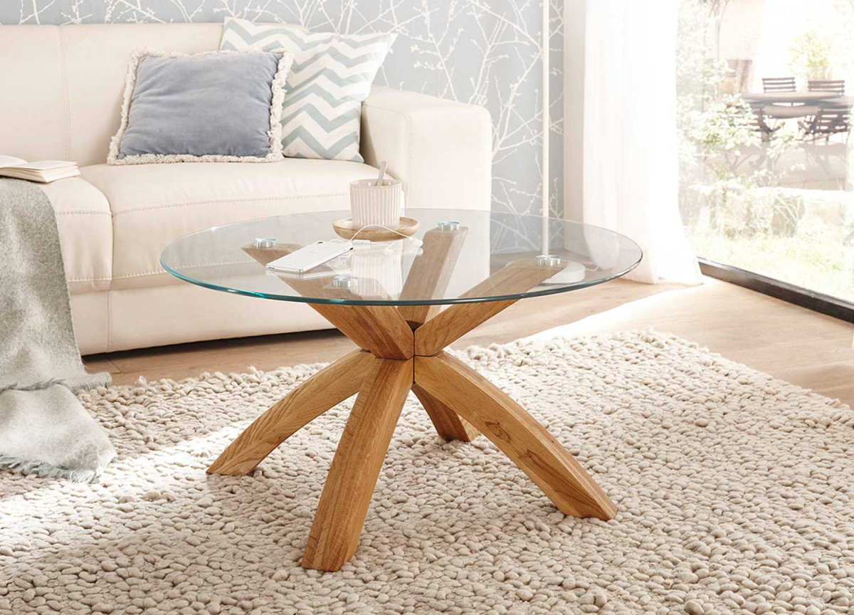 Table basse ronde bois et verre 80 cm