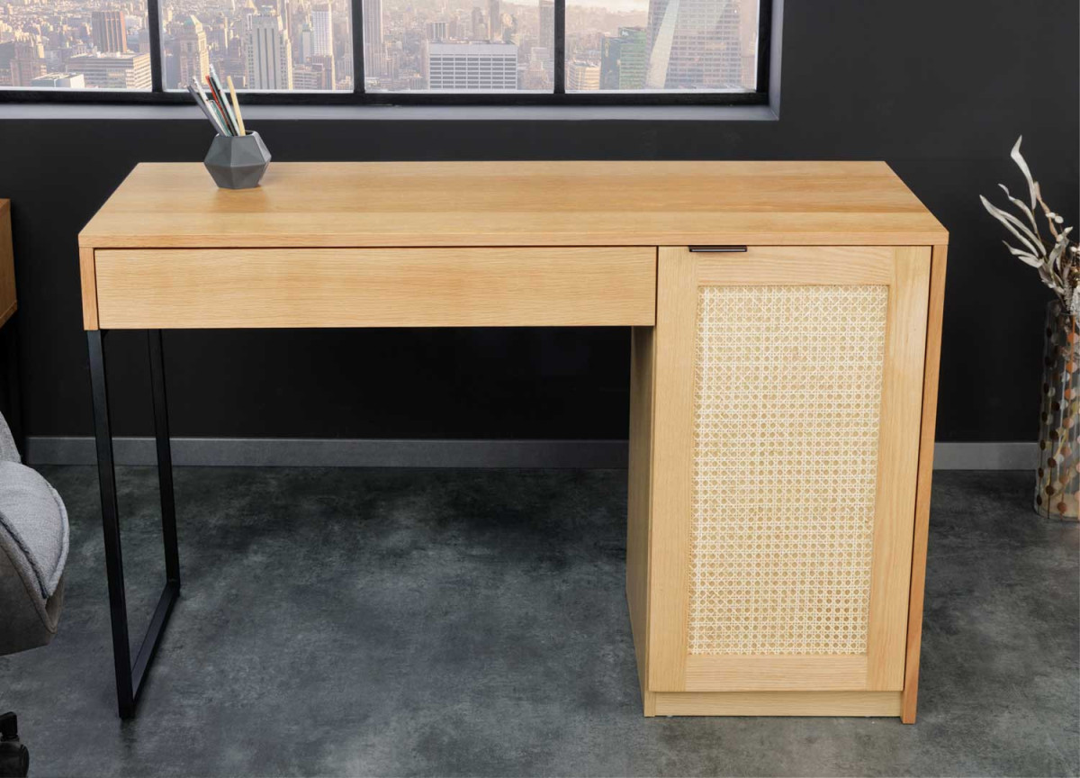 Bureau avec rangement 120 cm finition chêne et rotin