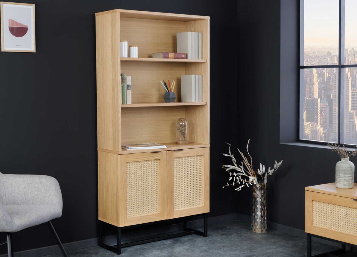 Rangement haut 168 cm finition chêne et rotin