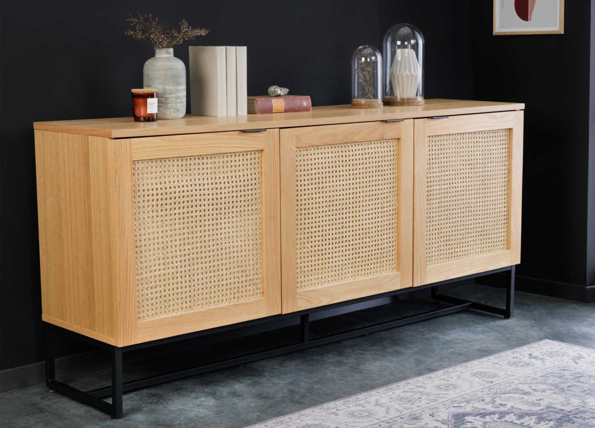 Buffet 160 cm chêne et rotin tressé viennois 3 portes