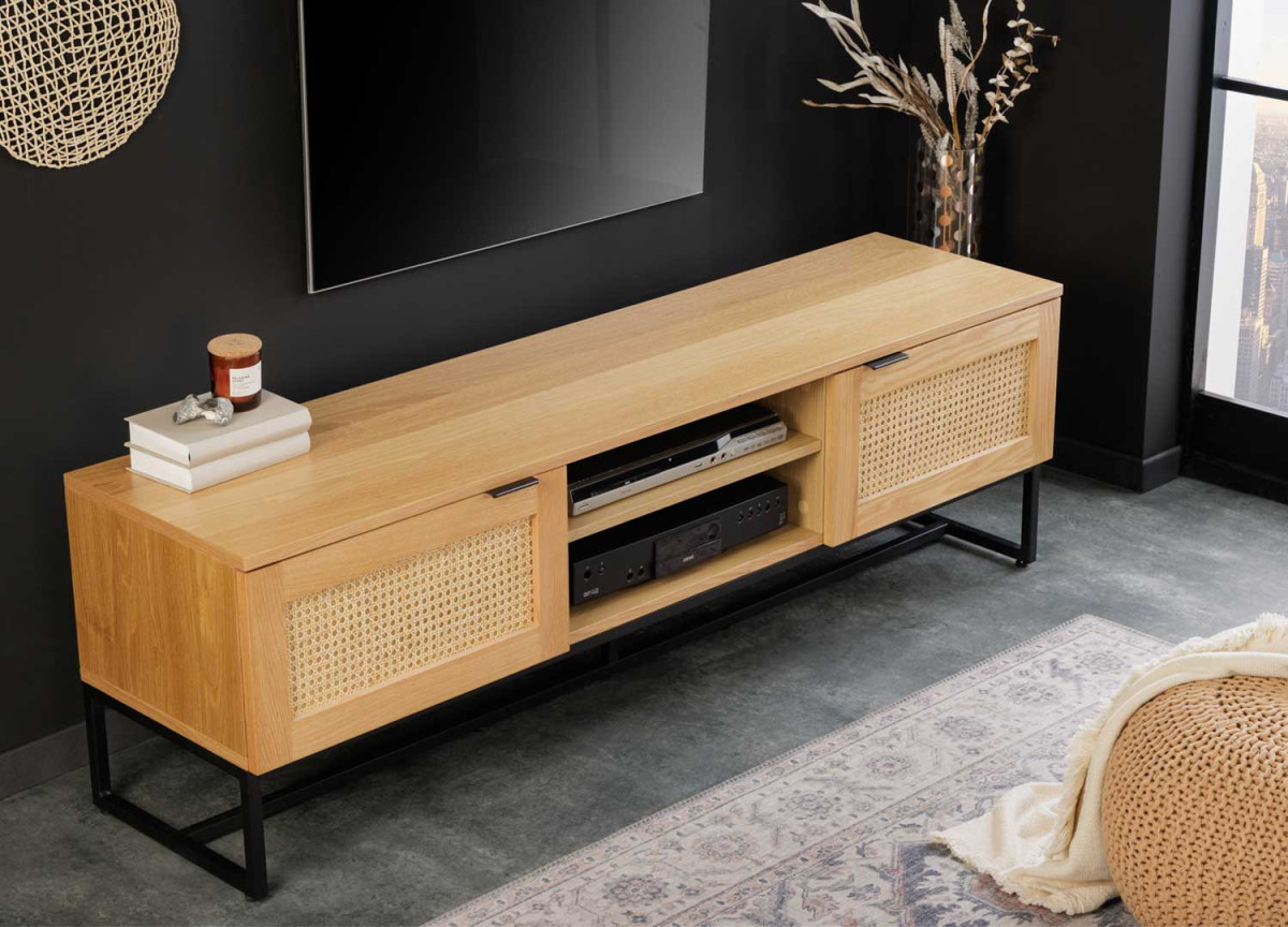 Meuble TV 160 cm chêne et rotin tressé viennois