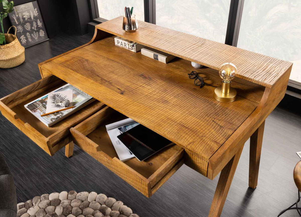 Bureau, console originale en bois de manguier avec tiroirs