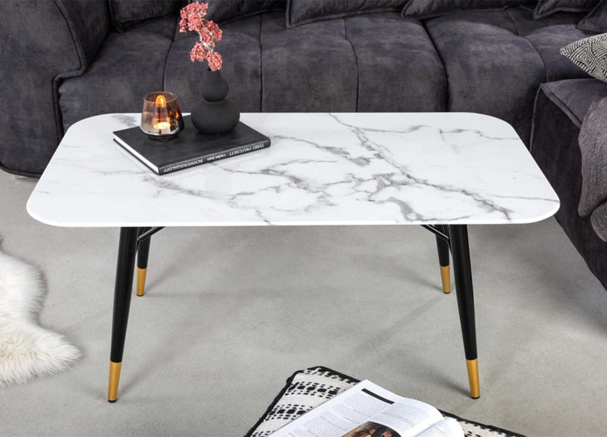 Table basse rectangulaire en verre marbre blanc