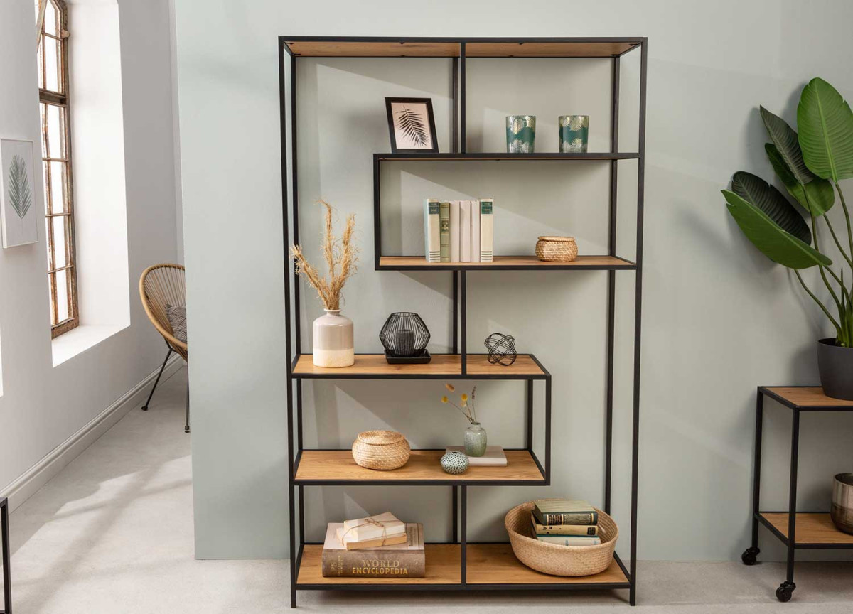 Meuble de rangement haut ouvert en bois et métal
