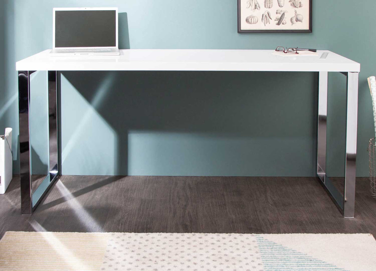 Table bureau blanc brillant et métal chromé