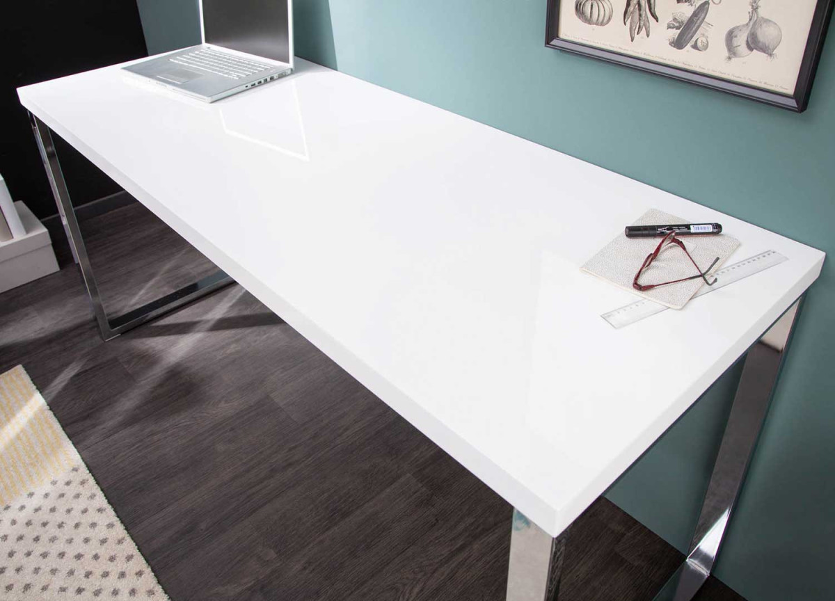 Table bureau blanc brillant et métal chromé