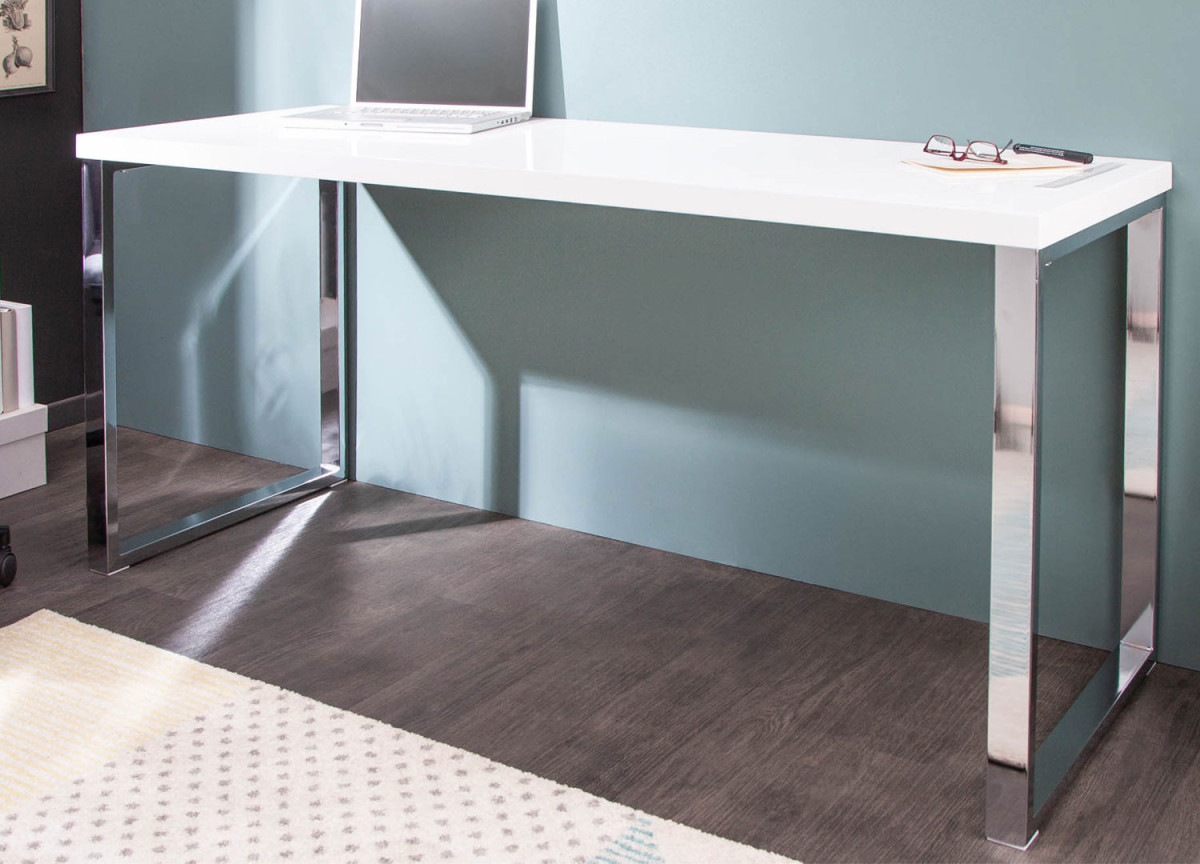 Table bureau blanc brillant et métal chromé 160 cm