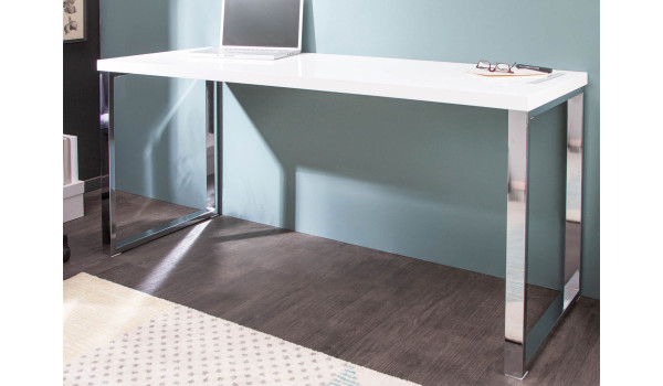 Table bureau blanc brillant et métal chromé 160 cm