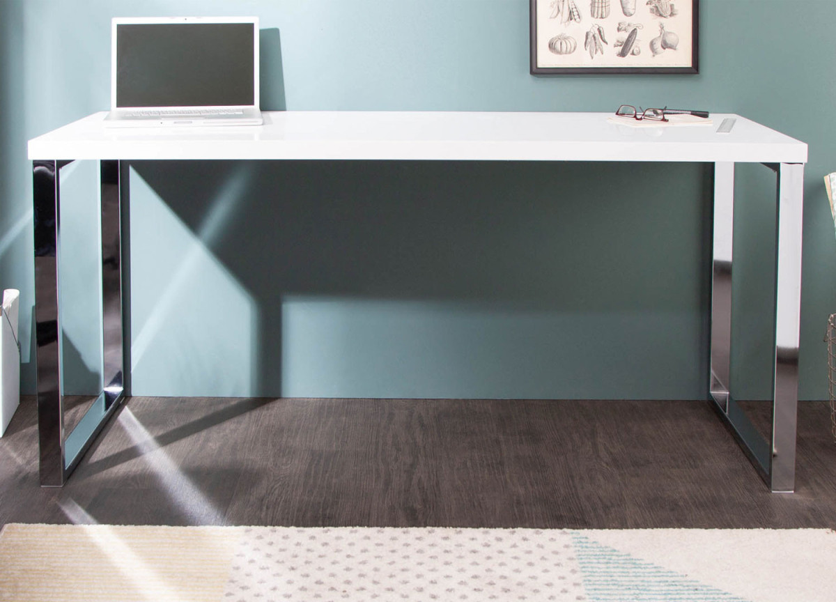 Table bureau blanc brillant et métal chromé 160 cm