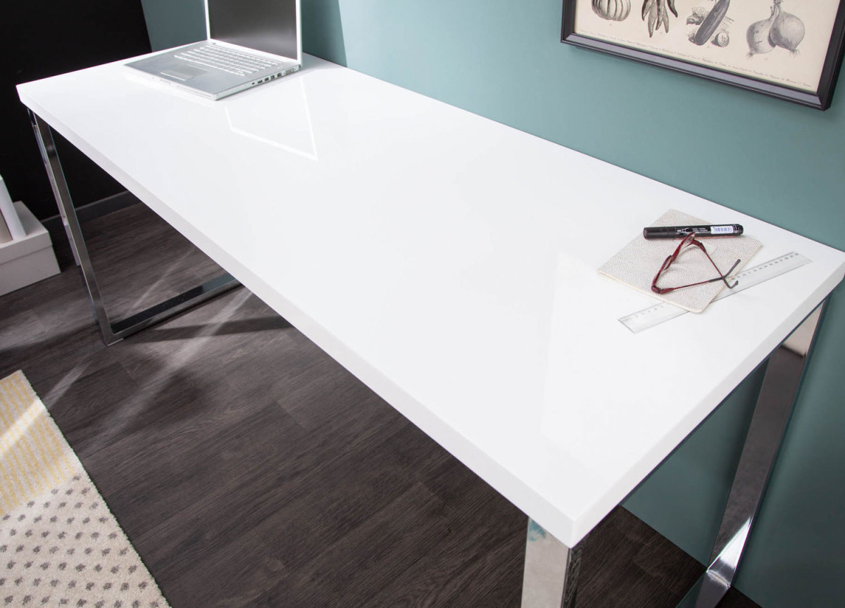 Table bureau blanc brillant et métal chromé 160 cm