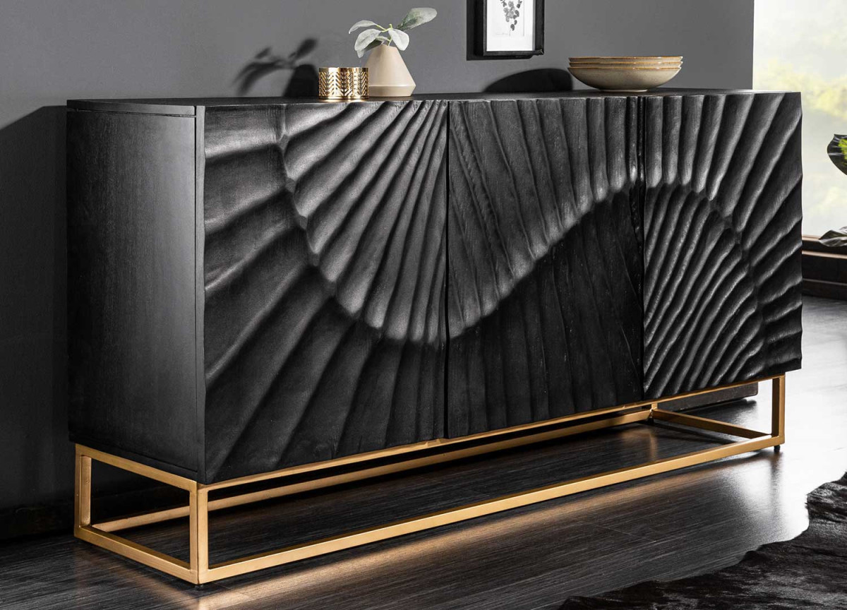 Buffet contemporain en bois massif teinté noir et pieds doré