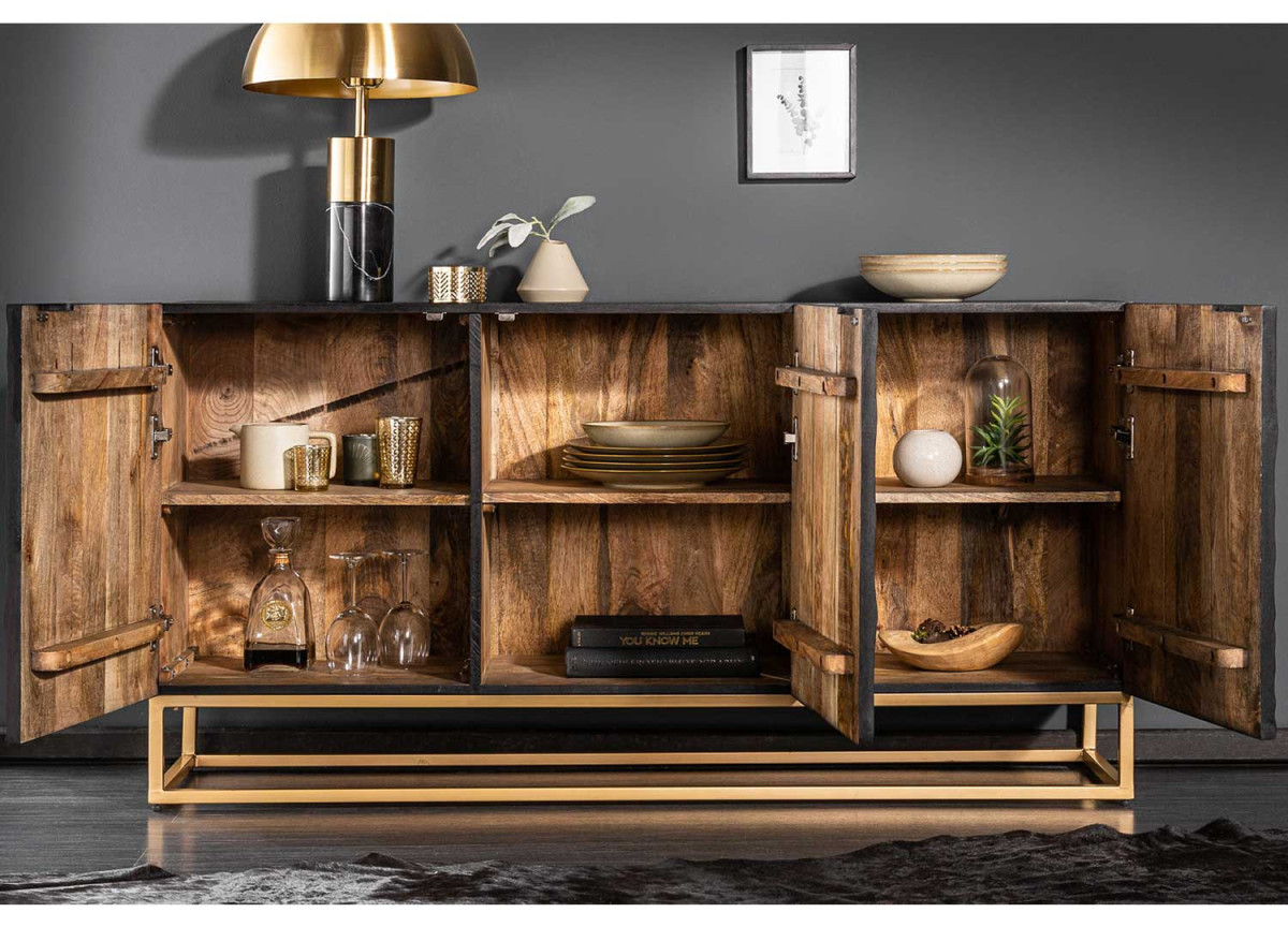 Buffet contemporain en bois massif avec 6 compartiments