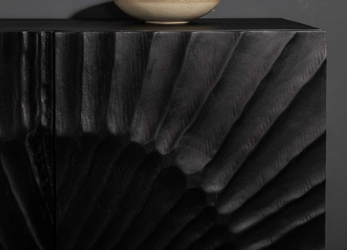 Buffet 3 Portes Bois Sculpté Noir et Socle Doré