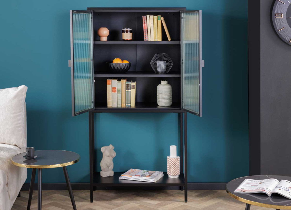 Meuble de rangement en verre plissée et métal noir  2 portes