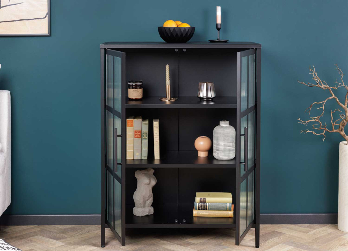 Commode à porte en verre plissée et métal noir