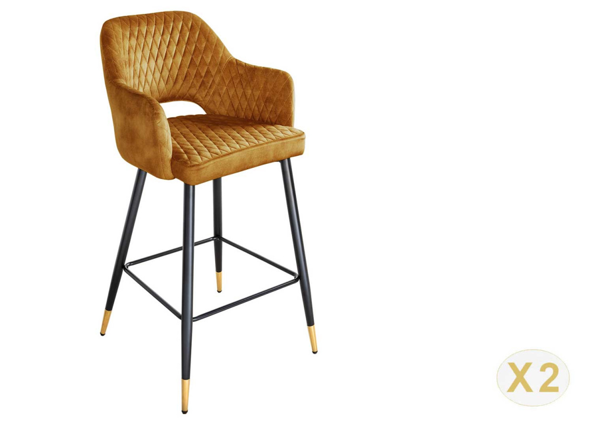 Tabouret de bar confortable en velours jaune moutarde